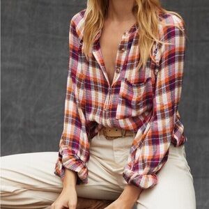 Anthropologie Pilcro Plaid Button-Down Shirt Berry XL Breezy Top